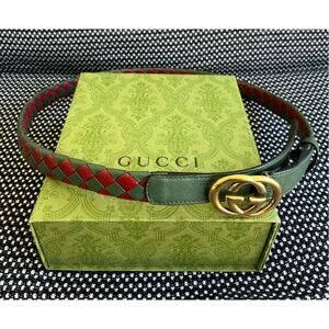 Gucci Women’s Leather Belt Braided Red Green Gold Buckle 110 cm 43.3” .8” wide